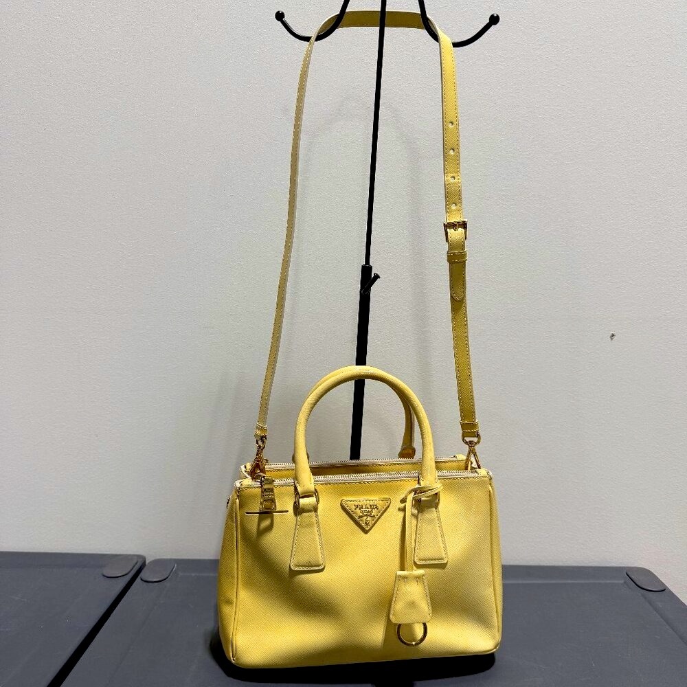 Prada Saffiano Small Galleria Double Zip Yellow Tote Bag